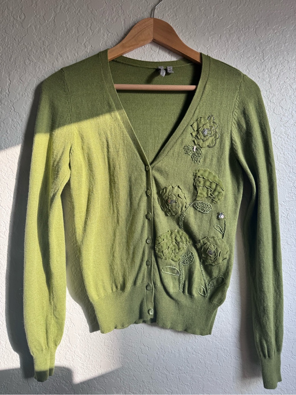Caslon Green Embroidered Floral Applique Cardigan Cashmere Blend XS